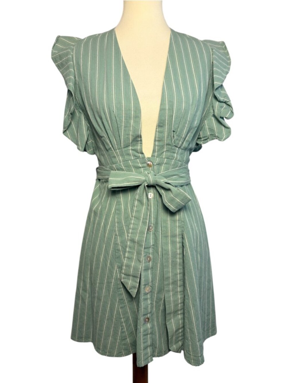Storia Sage Green Vertical Stripe Flutter Sleeve Plunging V-Neck Dress M - Picture 2 of 6
